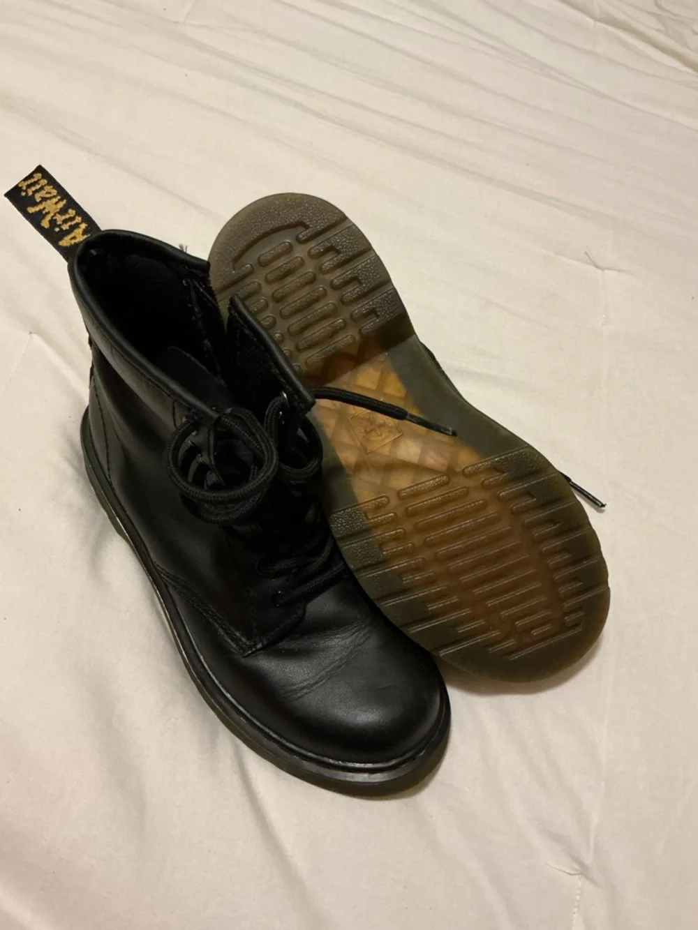 Dr. Martens Kids Black Leather Lace-Up Boots with Yellow Stitching